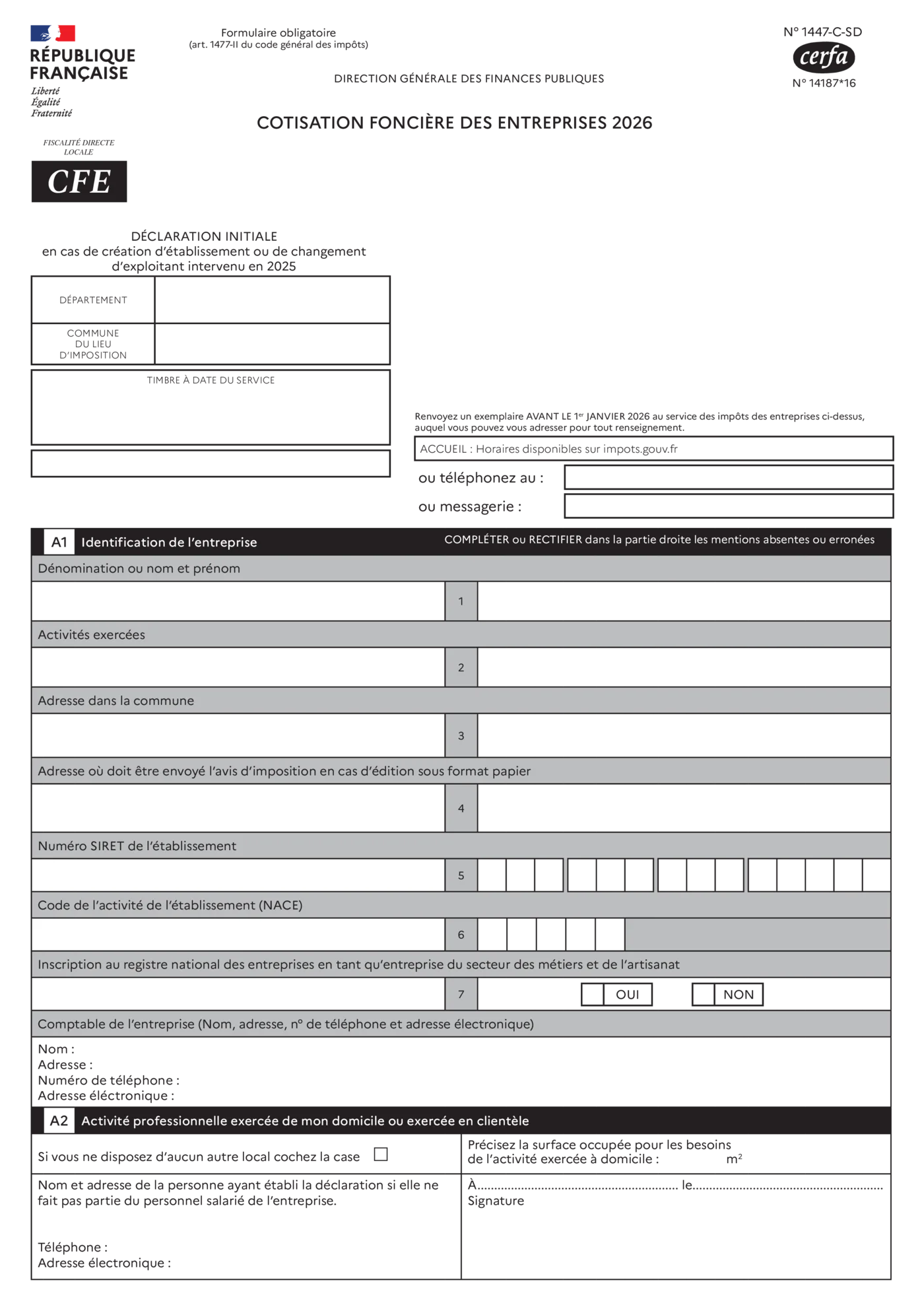 Page 1 du formulaire 1447-C-SD - cadre A1 identification de l entreprise et cadre A2 activite a domicile