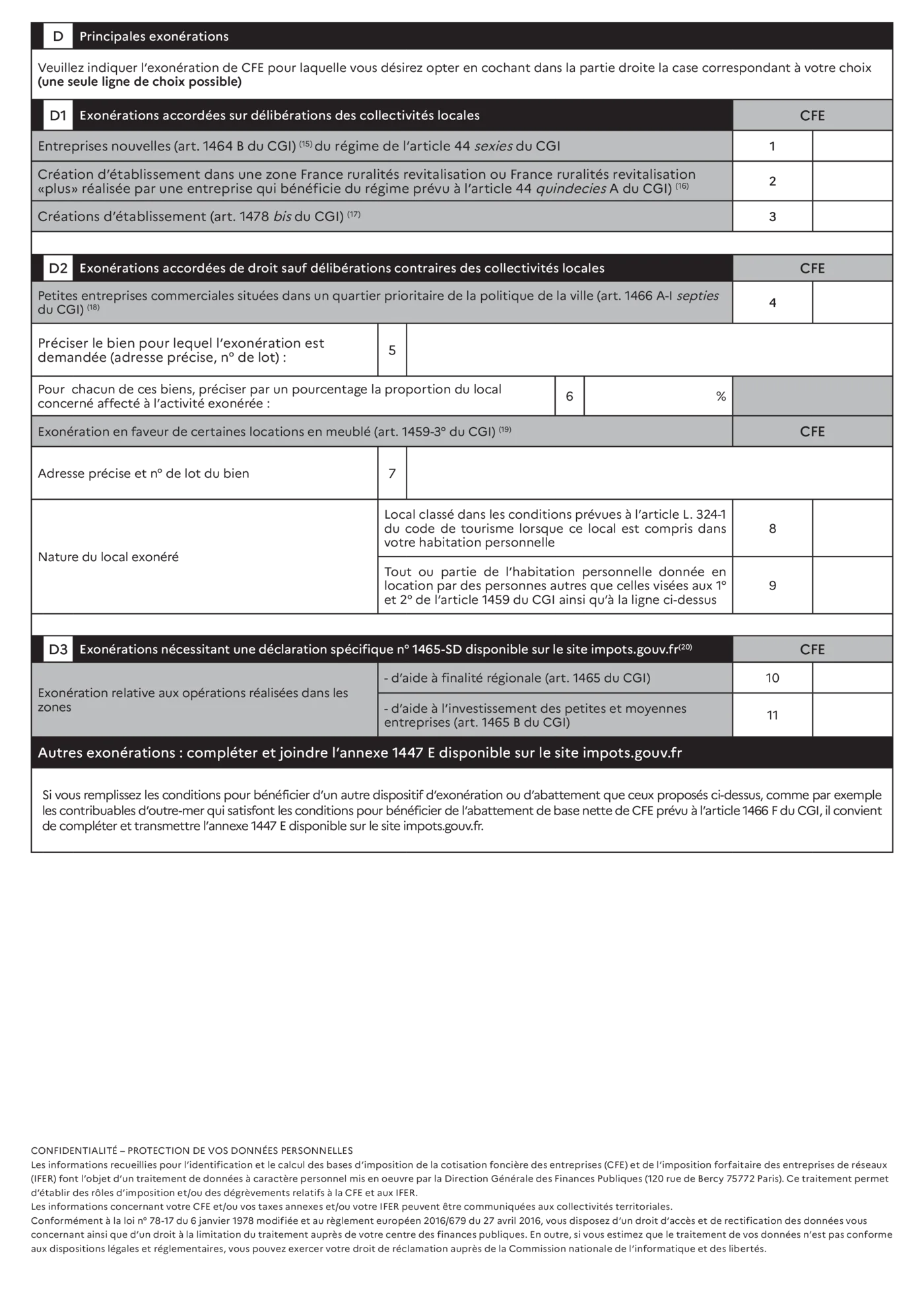 Page 4 du formulaire 1447-C-SD - cadre D principales exonerations de CFE