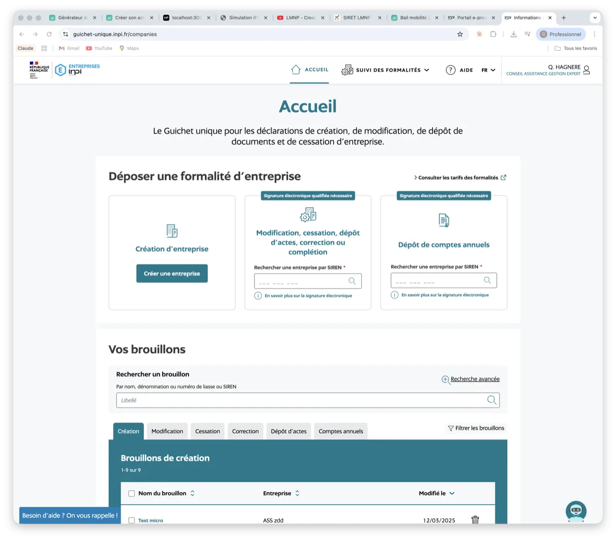 Page d accueil du guichet unique INPI avec le bouton Creer une entreprise