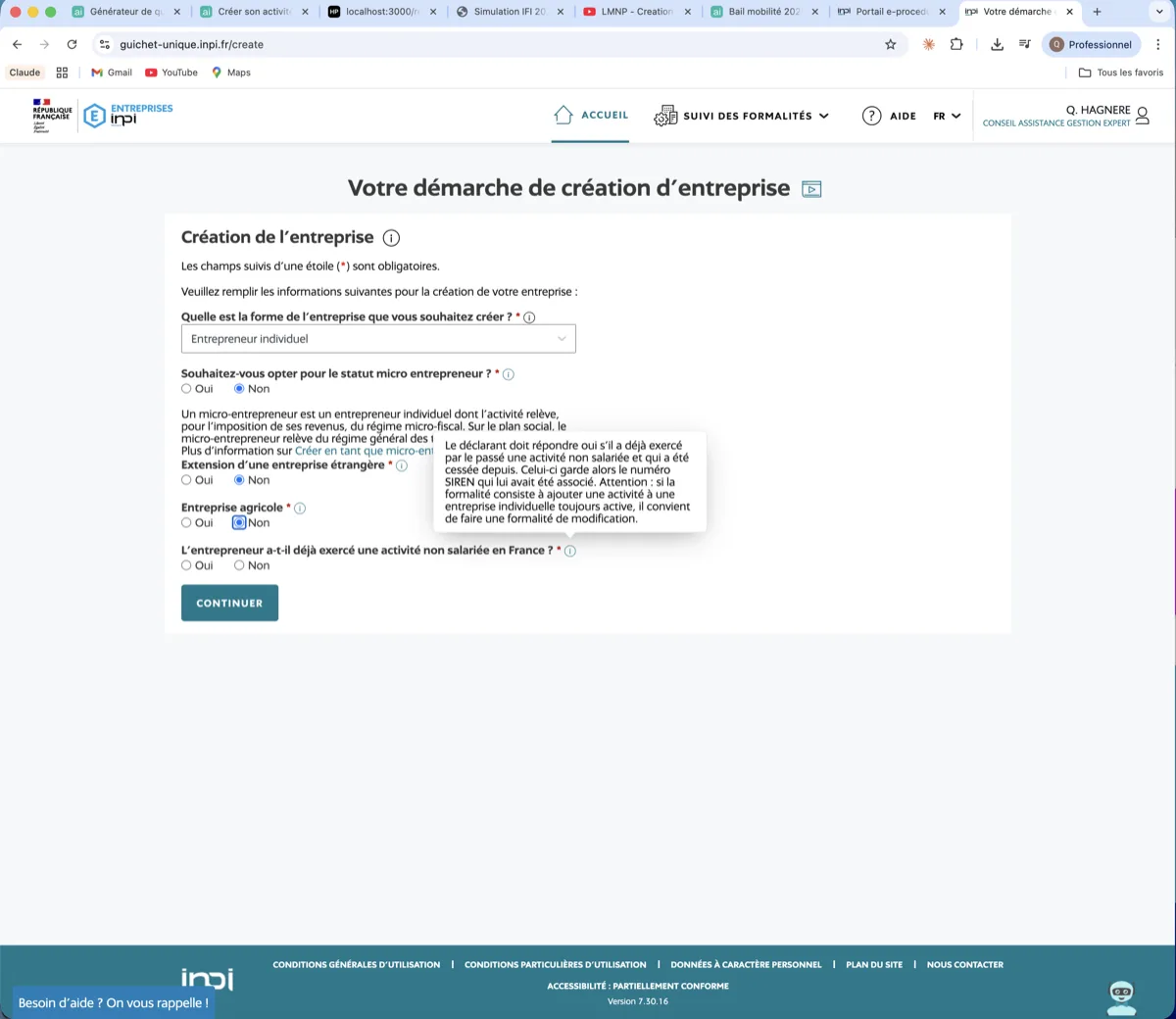 Choix de la forme juridique Entrepreneur individuel sur le guichet unique INPI
