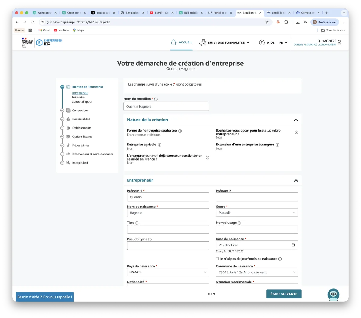 Formulaire identite entrepreneur INPI - prenom nom date de naissance