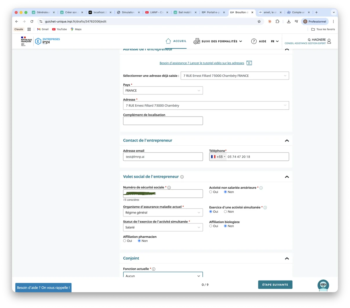 Formulaire adresse contact et volet social entrepreneur INPI