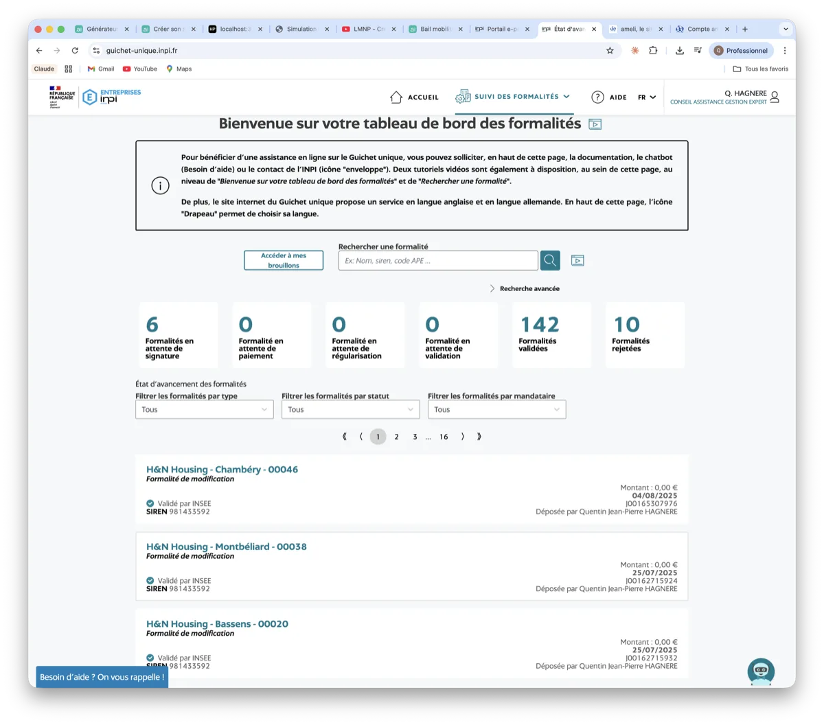 Tableau de bord formalites INPI - suivi des formalites deposees