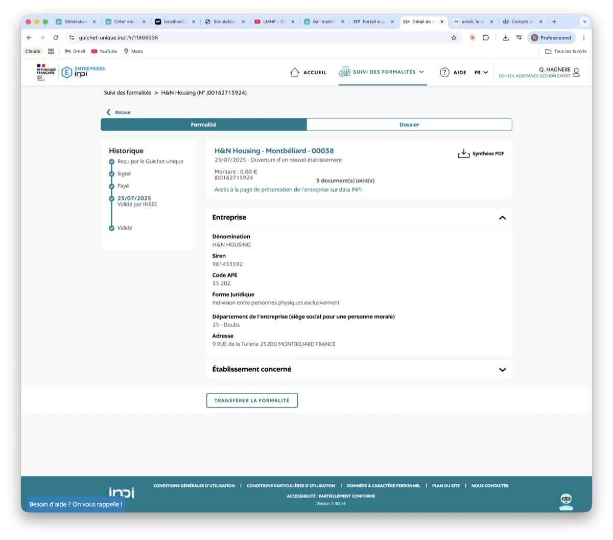 Detail formalite validee INPI - SIREN code APE adresse